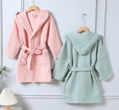 100% Pure Cotton Waffle Textured Breathable Bathrobe, Kids and Women, Custom