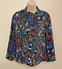 Chico s Mandarin Collar Rolled Cuff Colorful Abstract Print Jacket Size 2 L