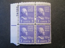 #807 three cent Jefferson plate block of 4, mint NHOG, pick plate #/loc.