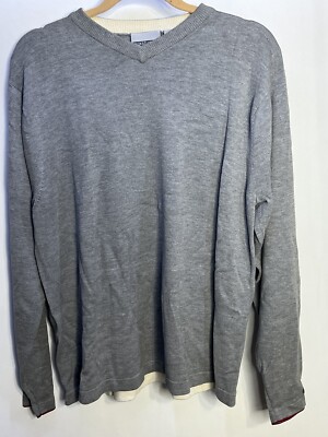 QuickSilver Sweater Mens M Grey V Neck Red Stripe Long Sleeve Logo Pullover