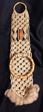 VINTAGE SMALL MACRAME HANGING TOWEL HOLDER WITH Wood Bead Rattan Ring Approx 19"