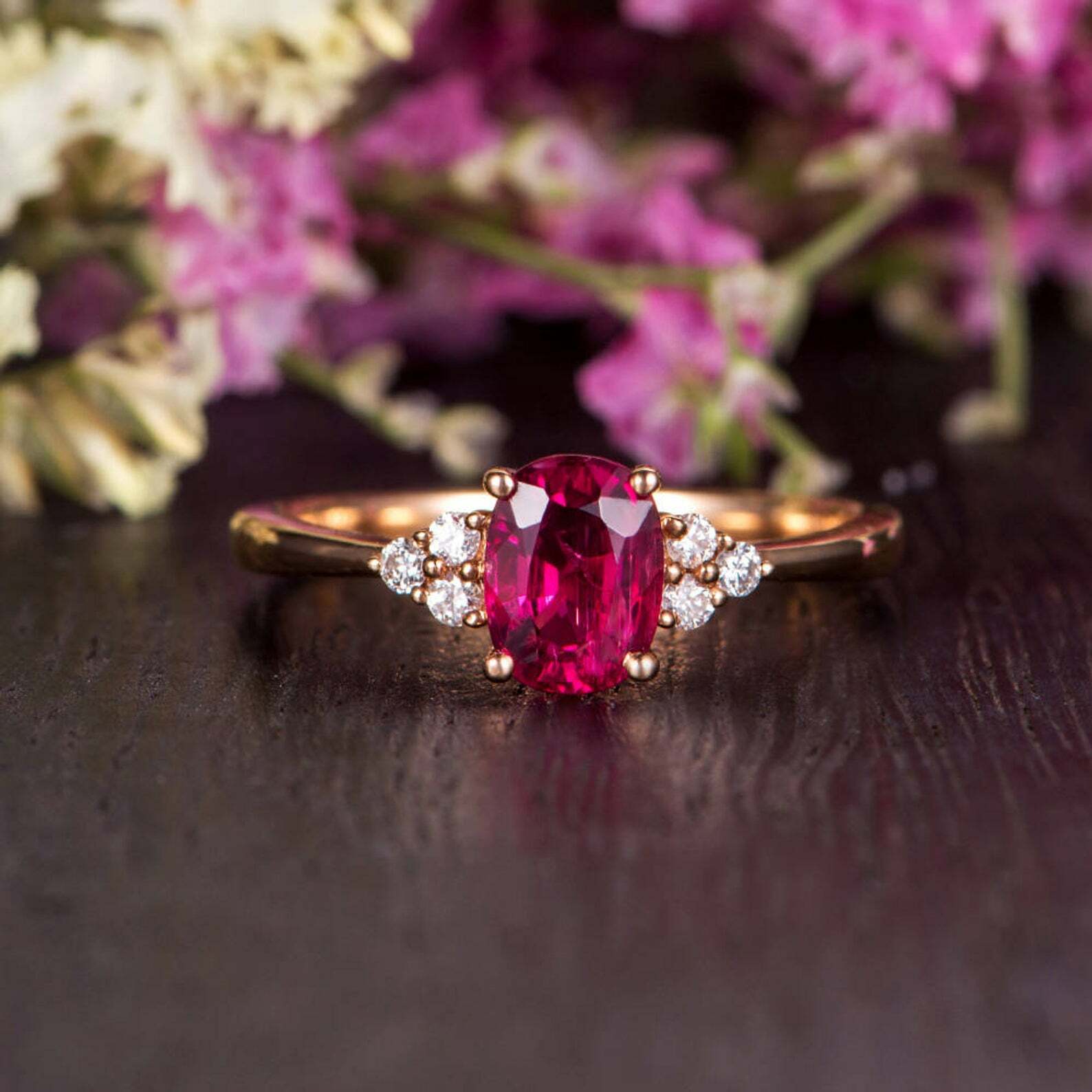 1.2ct Ruby & Diamond Rose Gold Plated Silver Petite Ring Valentine's Gift  