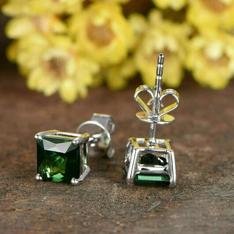 2Ct Princess Cut Lab Created Green Emerald Stud Earrings 14K White Gold Plated - Image 4 of 4