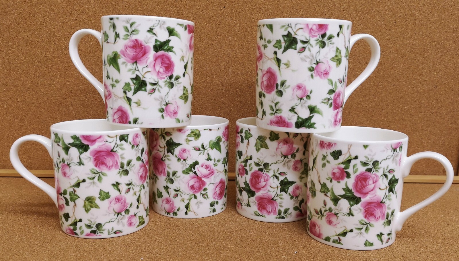 Ivy Rose Pink Mugs Set 6 Balmoral Fine Bone China 9.5oz 275ml Cups Decorated UK
