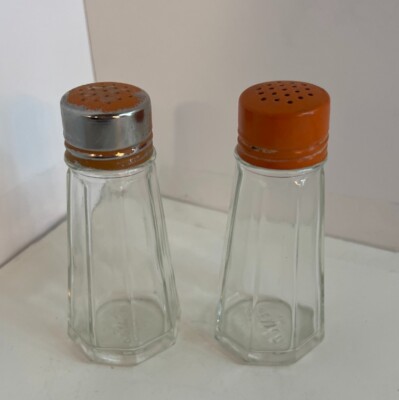 Gemco Glass Salt & Pepper Shakers Vintage 4.75  Tall Octagonal Shape Orange Lid