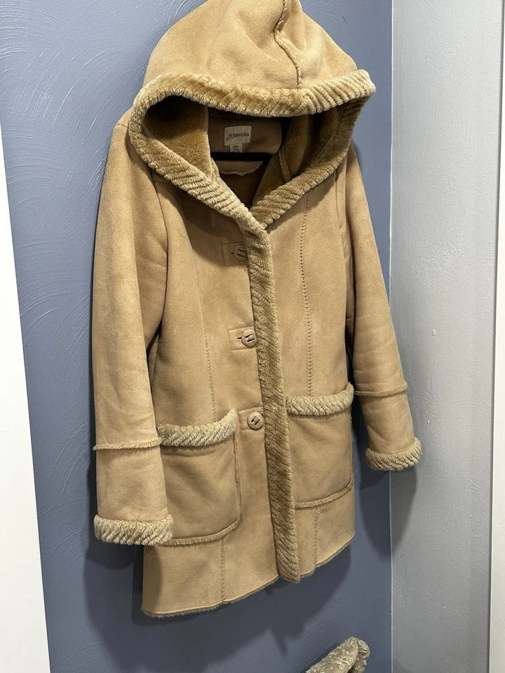 Abrigo para mujer St John Bay S esquimal palanca imitación gamuza espiral piel ribete capucha marrón Foto 3 de 4