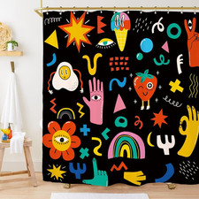 70S Groovy Retro Shower Curtain Set 60Wx71H Inches Cute Funky Hippy Kids Cartoon