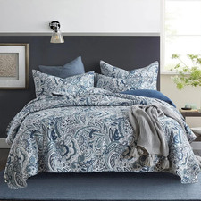 Cotton Bedspread Quilt Sets, 3 Pieces Reversible Comforter Coverlet Sets,Blue Fl