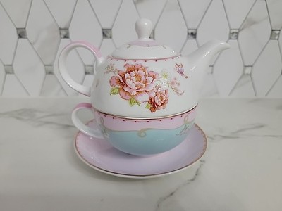 Adorable Floris Personal Size Tea Pot, Cup, and Saucer Pink Roses