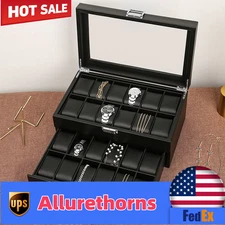 Mens Watch Box Case Organizer 24 Slots Watches Holder Jewelry Storage Display US