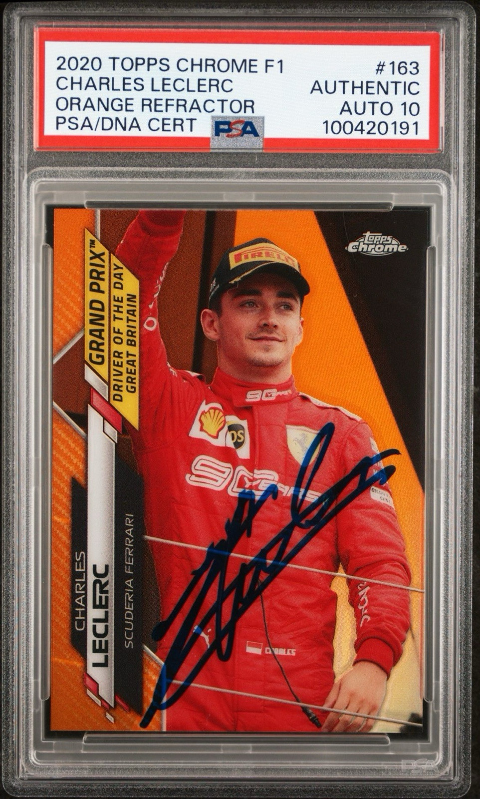 2020 Topps Chrome F1 #163 Charles Leclerc Orange Ref Rookie /25 PSA/DNA AUTO 10
