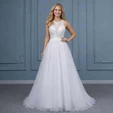 UK White/Ivory Sequins Bridal Sleeveless Plus size A Line Wedding Dress Size 10