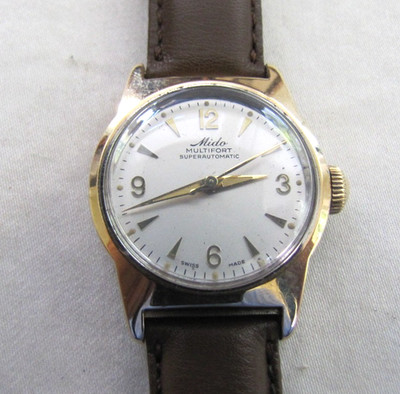 MIDO MULTIFORT SUPER AUTO 220 14K GOLD/SS WP 17J SCRBK MOD 817 PEARL DRESS DIAL