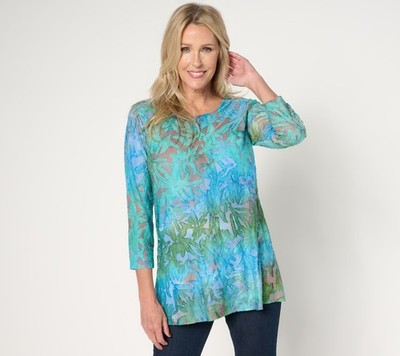 Susan Graver Weekend Regular Tie Dye Burnout 3/4 Sleeve A-Line Tunic Ocean/Multi