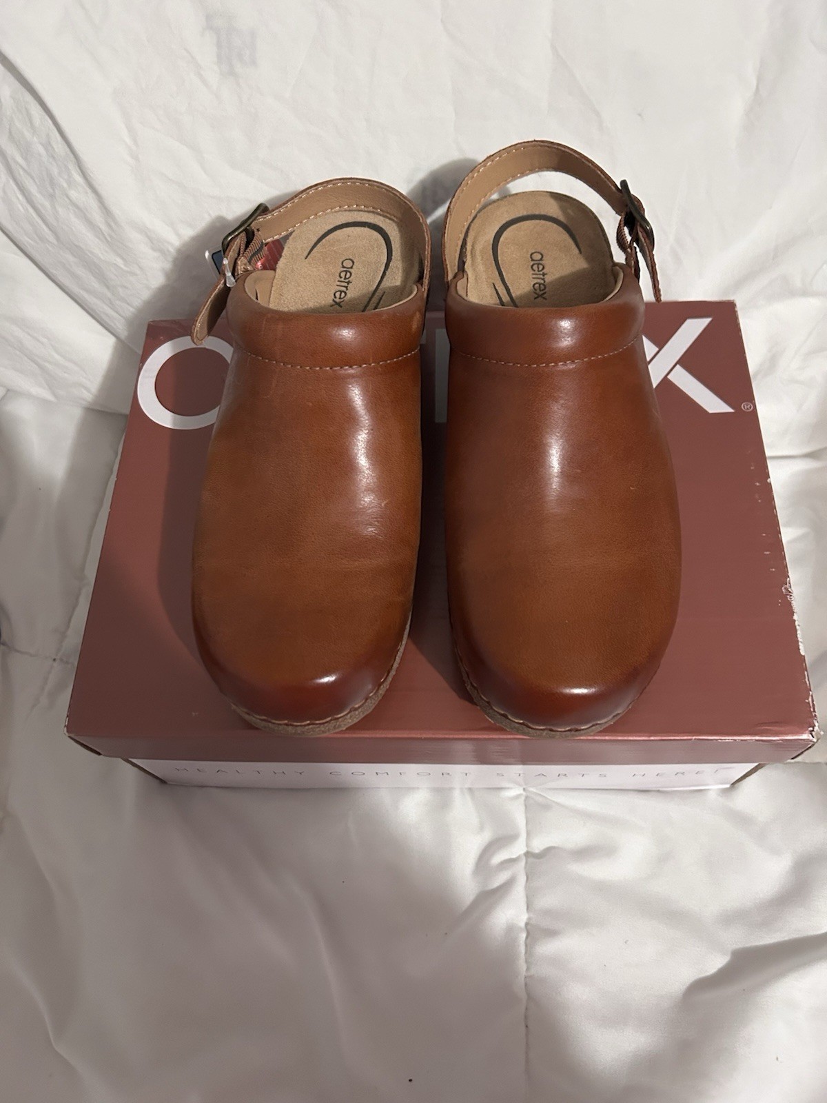 Aetrex Series Brown Cognac 8.5 Clog Nib Leather Adjustable Strap A/Support