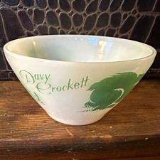 Vintage Davy Crockett Milk Glass Child Bowl - White/Green, Bear - Fire King USA