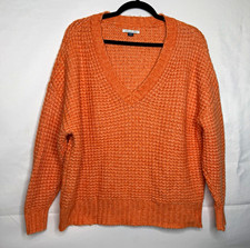 American Eagle Outfitters Orange Waffle-Knit V-Neck Pullover Sweater M