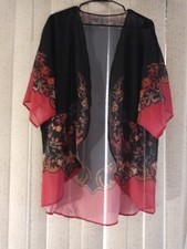 Sheer Chiffon Cardigan Black W Flower Print Kimono Slimming Coverup Large
