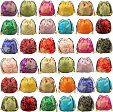Chinese Silk Brocade Embroidered Drawstring Jewelry Pouch Bag Colors Value Set 3