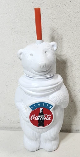 Vintage Always Coca Cola Polar Bear Plastic Sippy Red Straw 11" Tumbler 32 oz