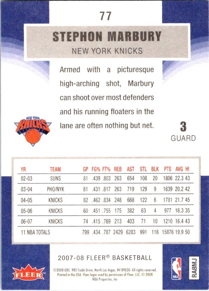 2007-08 Fleer #77 Stephon Marbury - Image 2 of 2