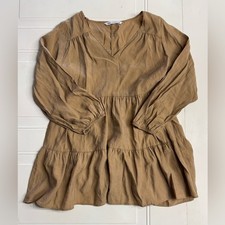 Zara V Neck Tan Long Sleeve Tiered Boho Flowy Oversized Dress Size Small S