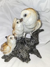 Vintage  Glazed Ceramic Owl  Owlets Figurine  Perched On Resin Base