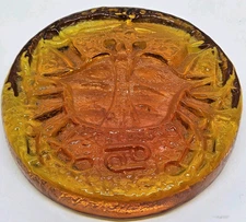 Vintage BLENKO Amber Glass Cancer Zodiac Sign Art Glass Round 4" Paperweight USA