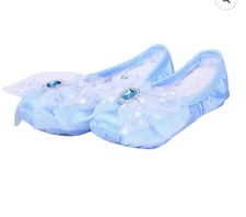 Girls Size 34 9-10 Years Ballet Dance Slippers Split Soft Canvas Sole Bow Blue