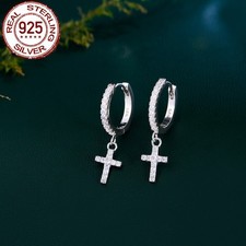 Women Cubic Zirconia Paved 925 Sterling Silver Cross Dangle Huggie Hoop Earrings
