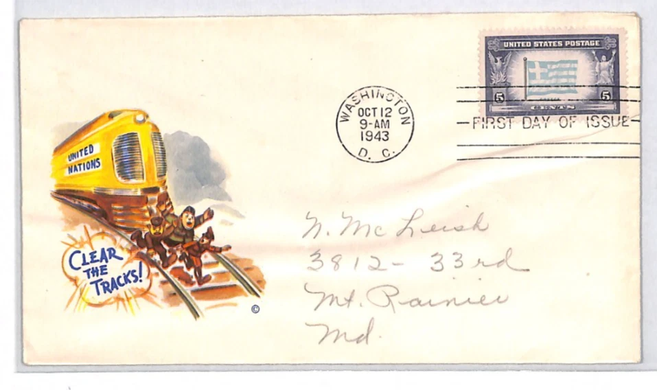 USA WW2 PROPAGANDA *CLEAR THE TRACKS* Cover 1943 FDC GREECE/UNITED NATIONS XU197 - Image 2 of 4