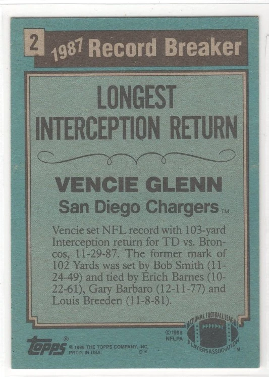 1988 Topps VENCIE GLENN card #2 - Image 2 of 2
