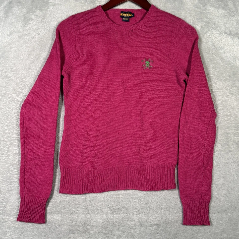 Suéter Ralph Lauren Rugby Mujer Grande Rosa Lana Cuello Redondo RLFC Calavera Pullover Foto 2 de 4