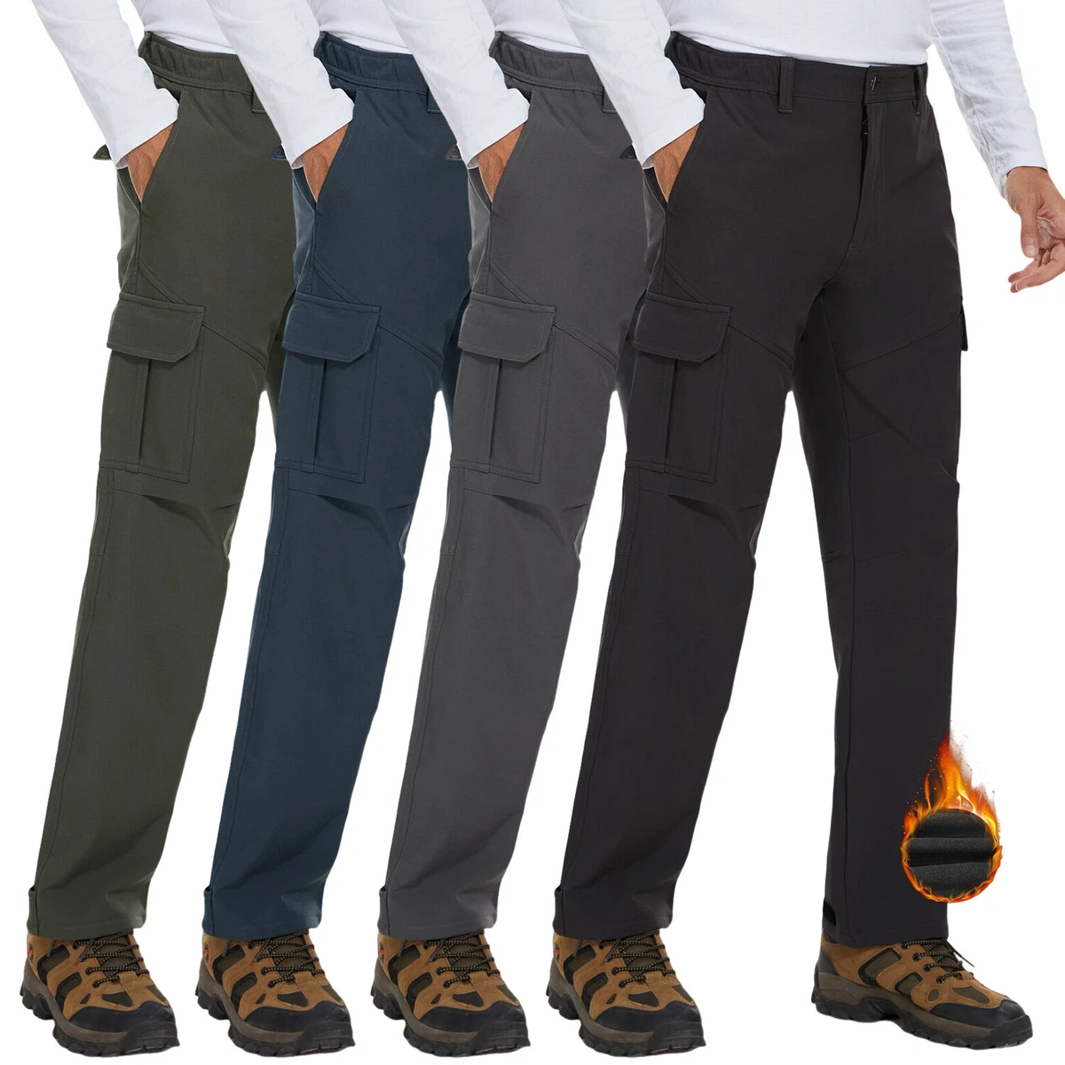 Men's Fleece Lined Cargo Pants Stretch Waterproof Winter Thermal Combat  Trousers