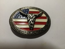 Silver belt buckle with American Flag and Steer Skull, biker, metal, NEW