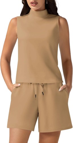 Two Piece Sets Women Summer Lounge Mock Neck Tops High Waisted Shorts Lounge Set - Picture 3 of 43