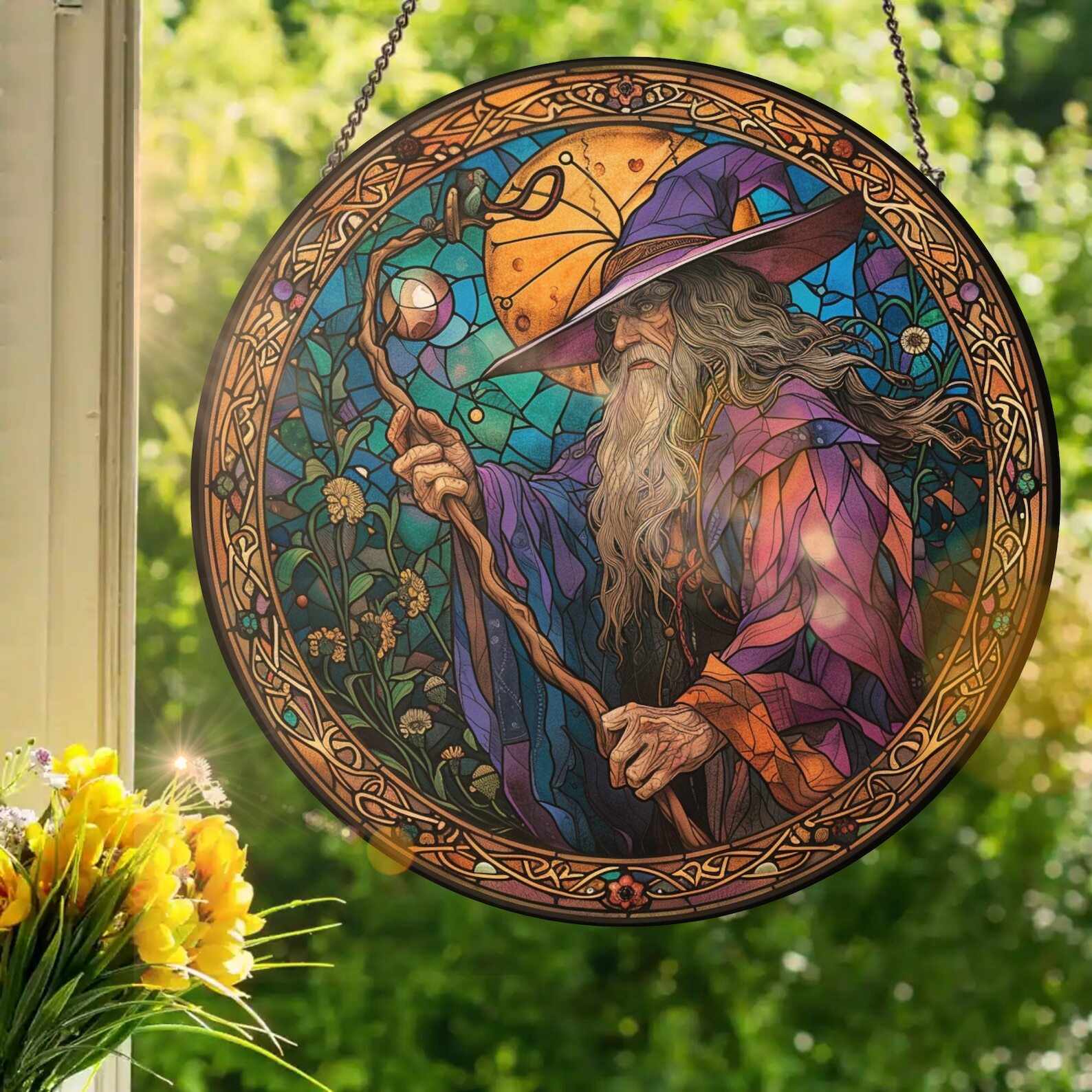 Wizard With Full Moon Stained Glass Style Wall Or Window Hanging Made With Real