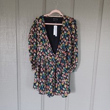 ASOS Wrap Mini Tea Dress Size 0 Boho Cotton Long Sleeve In Black Floral Spot