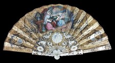 OLD LADY'S FAN. CARVED MOTHER OF PEARL. HAND PAINTED PAPER. SPAIN. XIX CENTURY