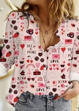 Women’s 8/10 Medium Large valentines top work blouse pink hearts love