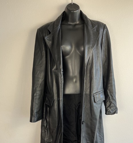Preston & York Women’s Size M Black Lambskin Leather Vintage Coat 40’ Long - Picture 5 of 6