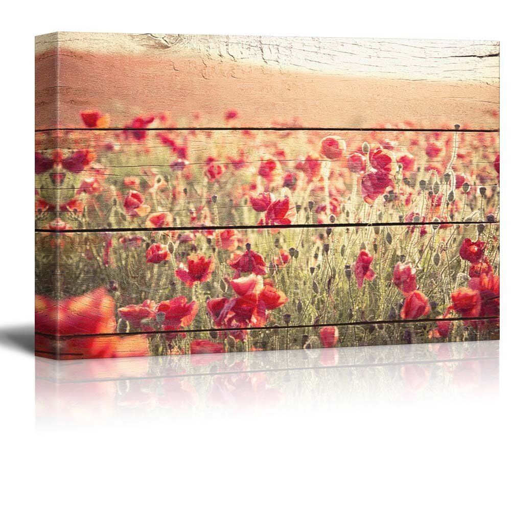 Canvas Prints Wall Art - Poppy Flowers on Vintage Wood Background - 24" x 36"