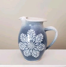 Studio Art Pottery Pitcher Vase Cream Blue Doily Lace Signed Steve Williams 1991