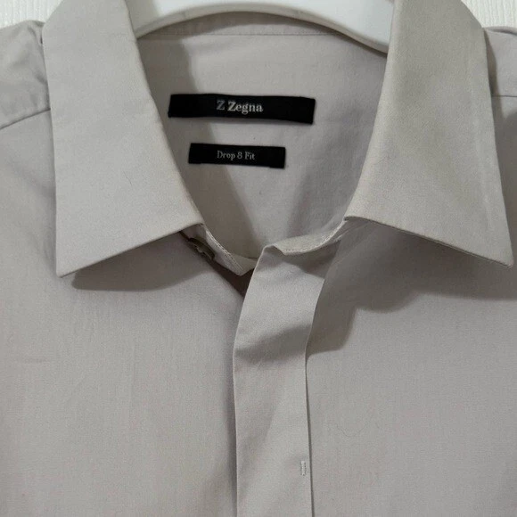 Camisa social masculina Z Zegna botão escondido cinza manga longa gota 8 ajuste pescoço 16 - Imagem 4 de 4