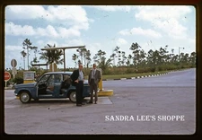 #566 Slide 1967 Nassau Bahamas Getting Gas Shell Oil Blue Datsun Coca Cola Sign