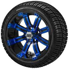 (4) Golf Cart 215/35R12 Deli Radial Tires on 12x7 Black/Blue Tempest Wheels