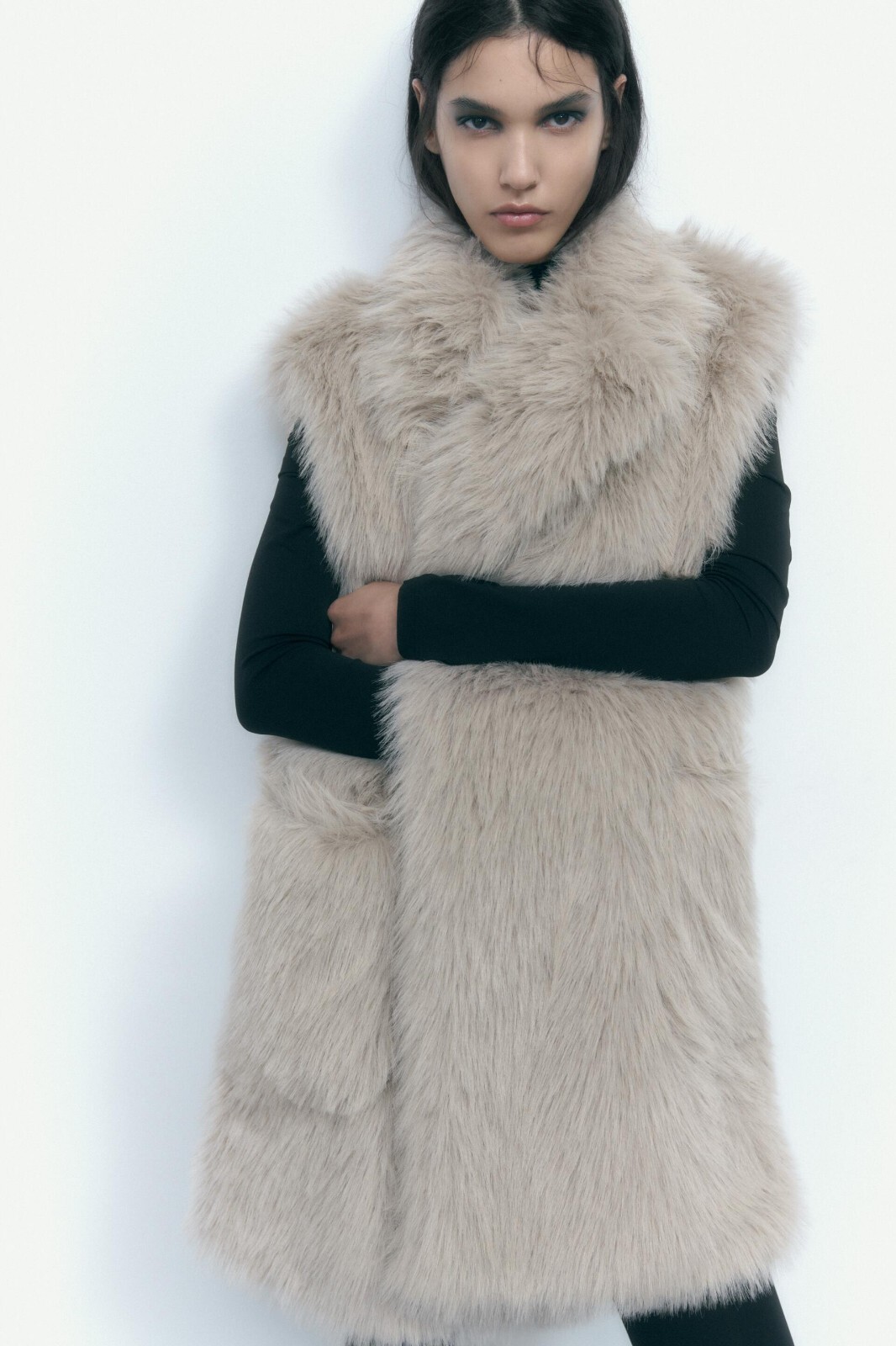 ZARA LIGHT MINK LONG OVERSIZED FAUX FUR WAISTCOAT SIZE XS-S UK 8 10 12 thumbnail 5
