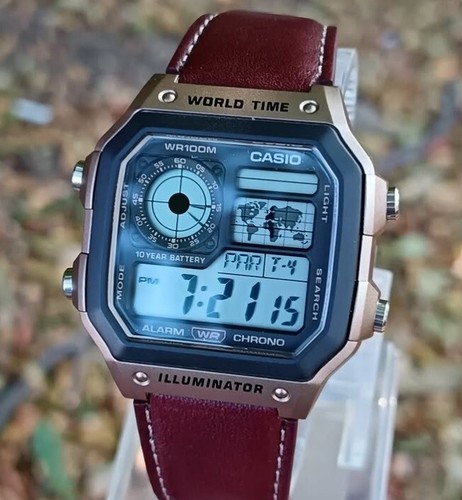 Casio AE-1200WHL-5A Digital Brown Leather World Time World Map Sporty Men Watch - Picture 4 of 6