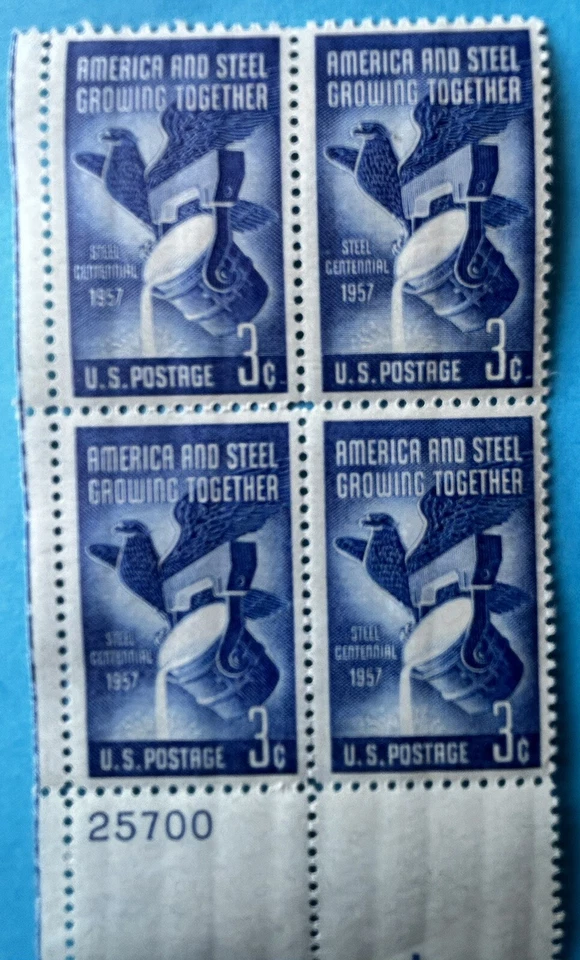 1957 US 3¢ Block Of 4 Stamps Steel Industry Centennial Scott #1090 MNH VF - Image 2 of 3