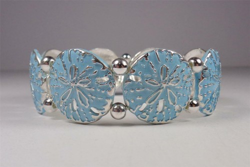 BEACH FASHION AQUA BLUE SAND DOLLARS RHODIUM NAUTICAL SEA LIFE STRETCH BRACELET - Picture 2 of 4